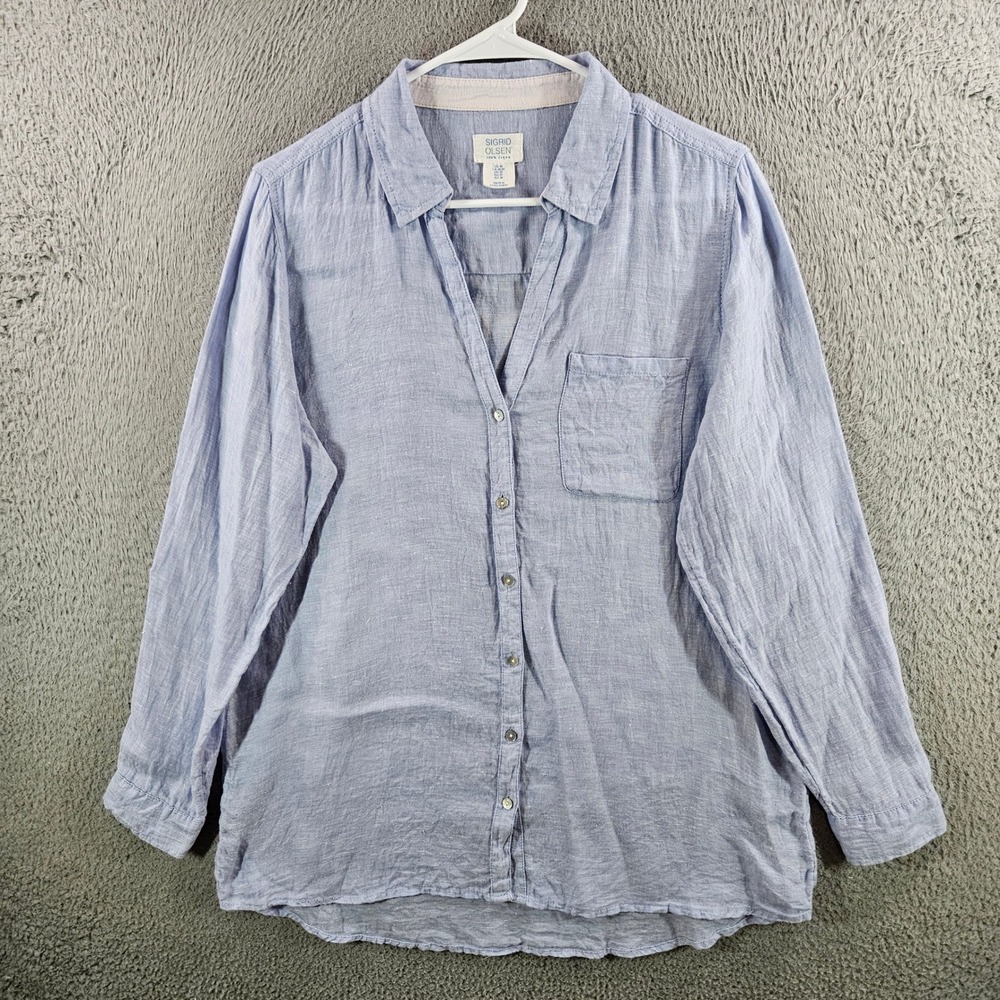 Sigrid Olsen Women Blue 100% Linen Button Front Long Sleeve Shirt Size M